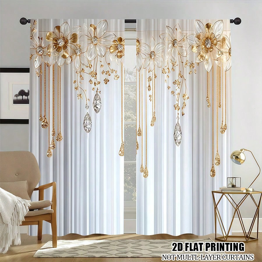 2 Pcs Polyester Light Filtering Curtains - High Definition White Gold Flower Pattern Printing For Bedroom, Living Room, Office And Home Decor, Rod Pocket Design
