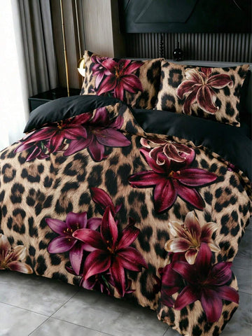 3pcs Bohemian Style Animal Leopard Zebra Stripe Pink Hibiscus Floral Print Bedding Set, Duvet Cover (1pc) + Pillowcases (2pcs, Without Pillow Insert), Soft Comfortable Warm Bedroom/Guest Room/Dorm Decor Set, Rose Plant Print Premium Skin-Friendly Bedding