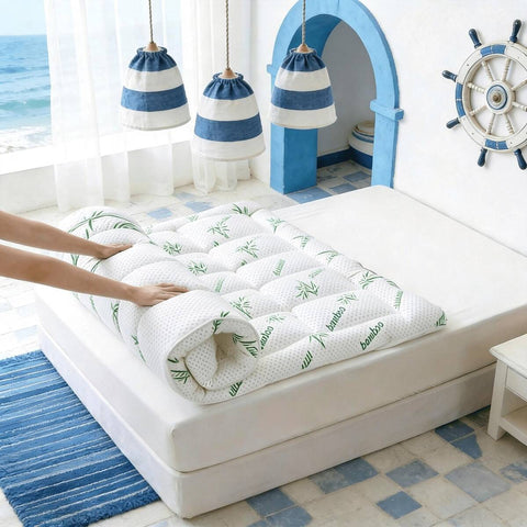 Cooling Bamboo Mattress Pad - Breathable Bamboo Fiber & Microfiber Fill, 8-21' Deep Pocket, Green Quilted Design, Machine Washable For Home Hotel Dorm (TWIN/FULL/QUEEN/KING Sizes)
